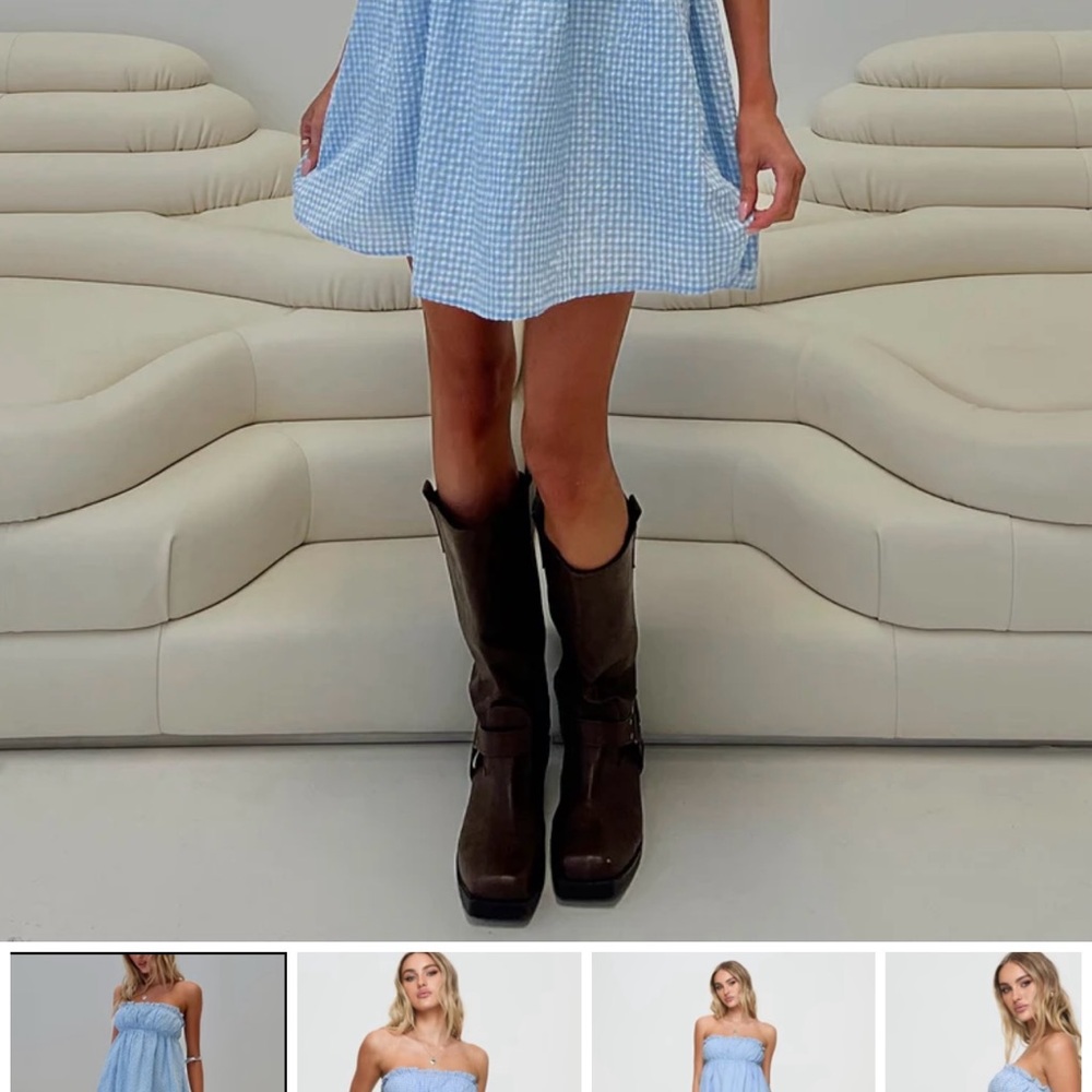 Blue Gingham Strapless Dress